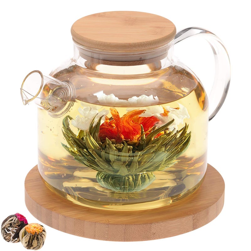 Teabloom Stovetop Safe Glass Teapot with Bamboo Lid (40oz/1200ml) + Loose Leaf Tea Filter Spout + 2 Blooming Teas + Large Bamboo Trivet - Natural Flowering Tea Gift Set - Image 1